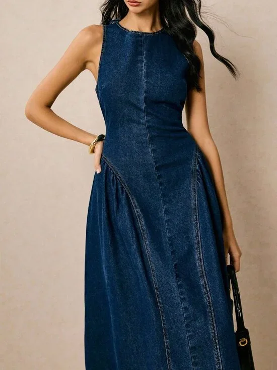 Dark Wash Casual Women's Sleeveless Flared Denim Dress - Picture 5 of 7